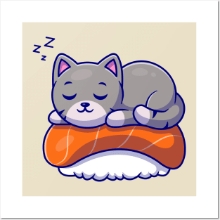 Cute Cat Sleeping On Sushi Salmon Cartoon Posters and Art